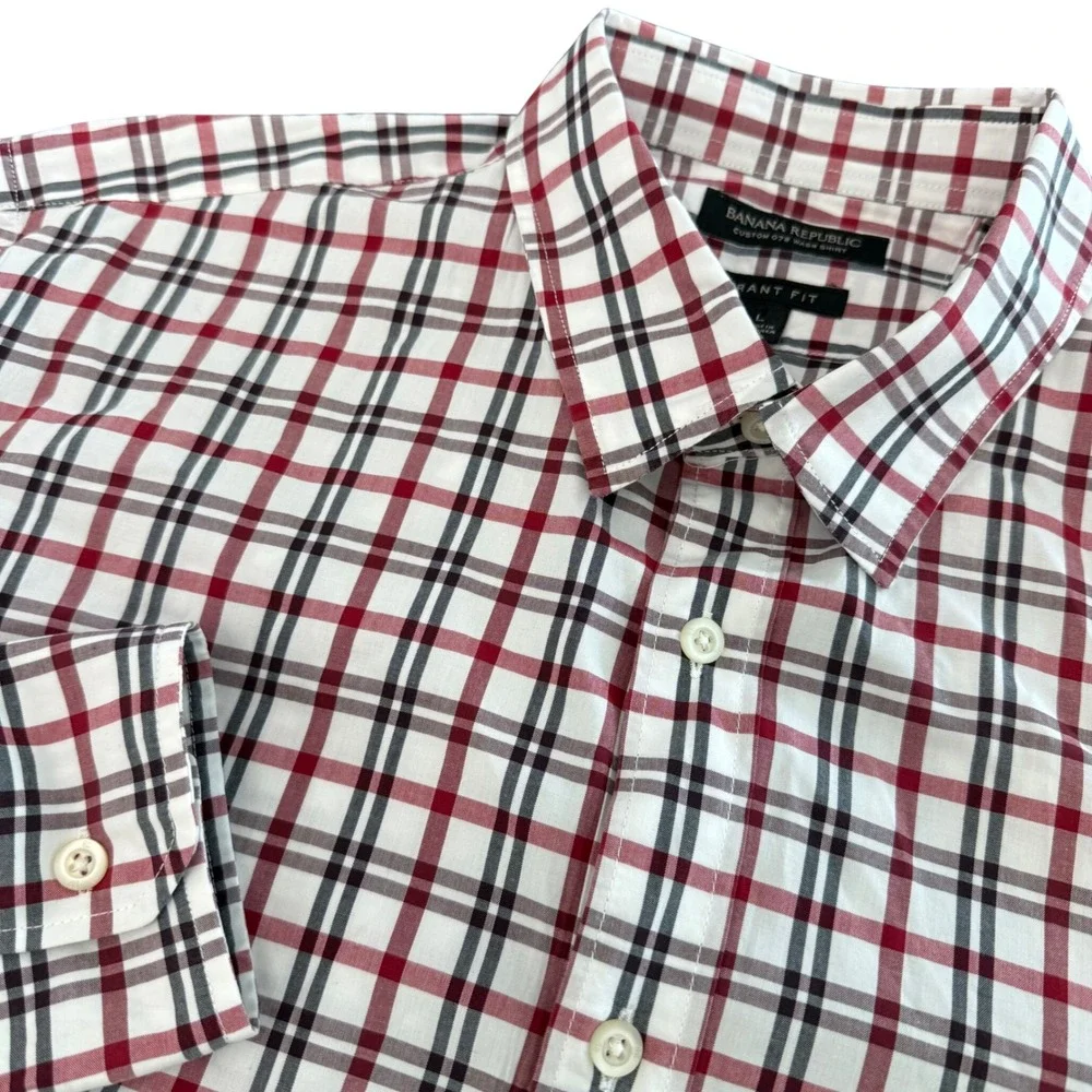Banana Republic Grant Fit Mens L Red Black White Plaid Custom 078 Wash Shirt